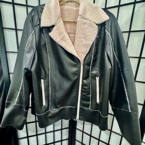 Black Faux Leather Jacket with Pink Fleece Lining 2X